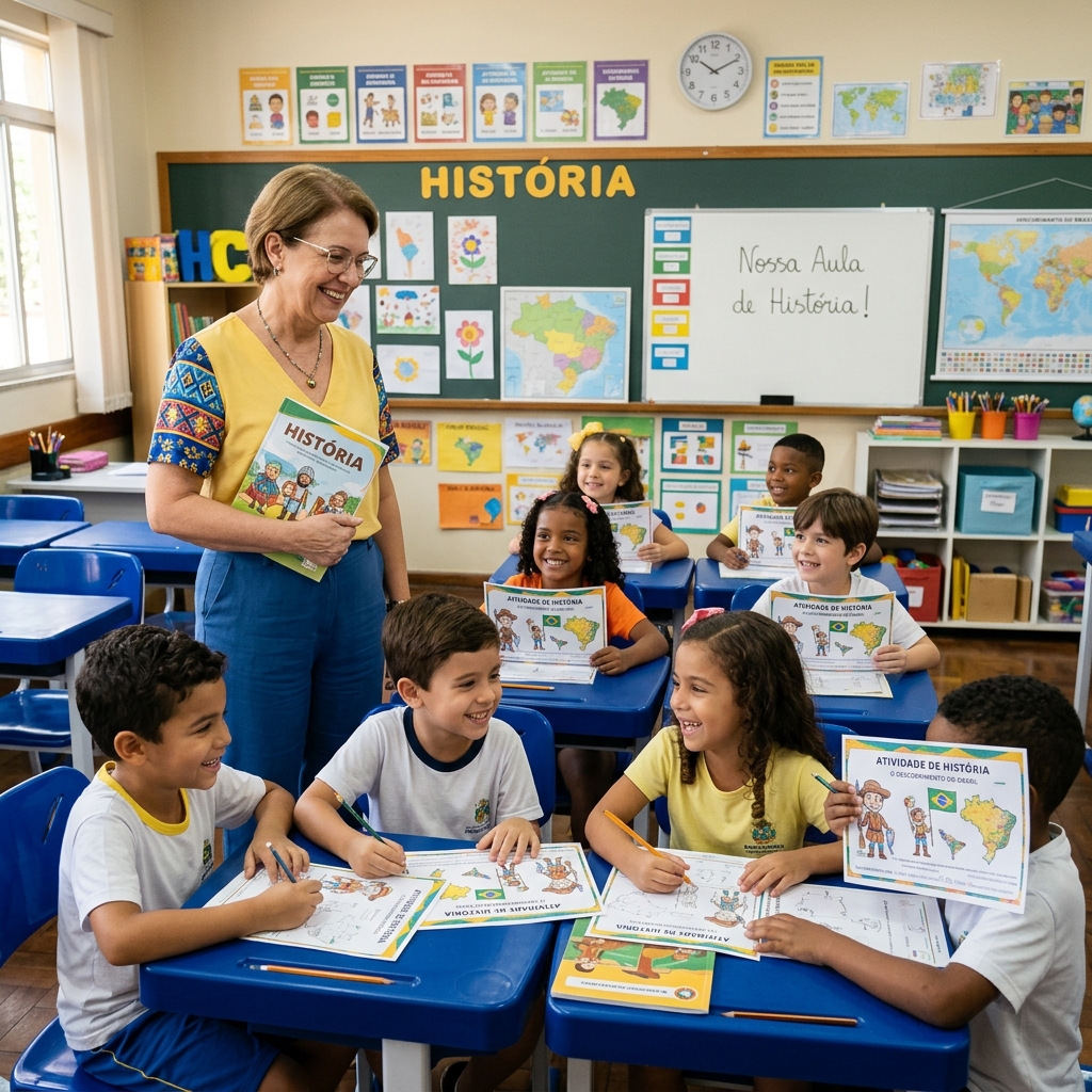 Professora de História apresentando o kit de atividades ilustradas de História para os alunos